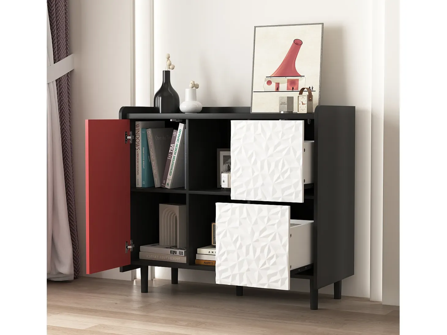 Aparador con 2 cajones, 2 estantes abiertos y puertas rojas, moderno mueble de almacenaje en MDF negro y rojo (90x40x80 cm)