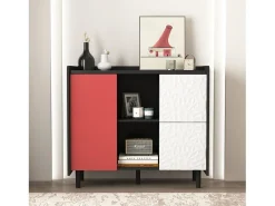 Aparador con 2 cajones, 2 estantes abiertos y puertas rojas, moderno mueble de almacenaje en MDF negro y rojo (90x40x80 cm)