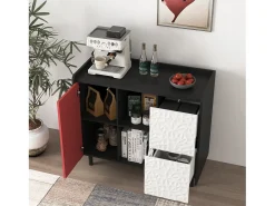 Aparador con 2 cajones, 2 estantes abiertos y puertas rojas, moderno mueble de almacenaje en MDF negro y rojo (90x40x80 cm)
