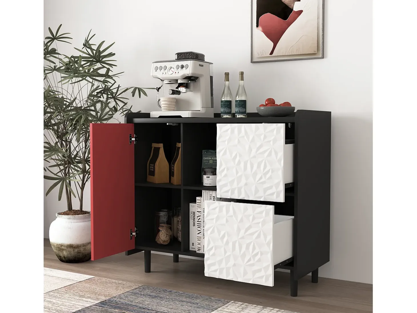 Aparador con 2 cajones, 2 estantes abiertos y puertas rojas, moderno mueble de almacenaje en MDF negro y rojo (90x40x80 cm)