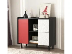 Aparador con 2 cajones, 2 estantes abiertos y puertas rojas, moderno mueble de almacenaje en MDF negro y rojo (90x40x80 cm)