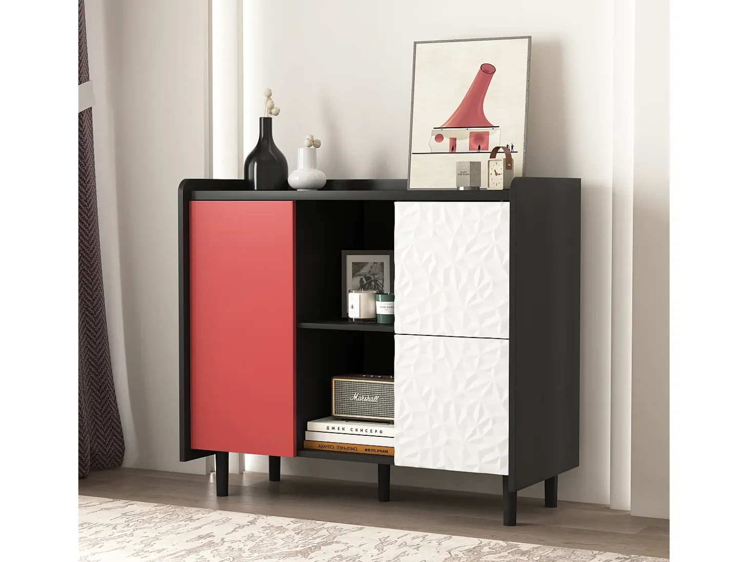 Aparador con 2 cajones, 2 estantes abiertos y puertas rojas, moderno mueble de almacenaje en MDF negro y rojo (90x40x80 cm)