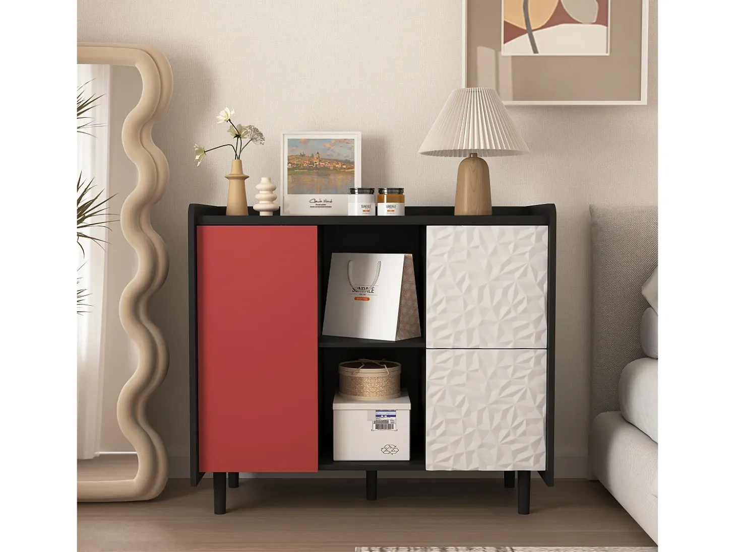 Aparador con 2 cajones, 2 estantes abiertos y puertas rojas, moderno mueble de almacenaje en MDF negro y rojo (90x40x80 cm)