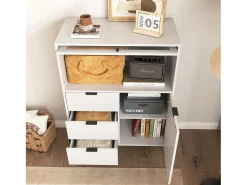 Aparador con 3 cajones, 1 puerta y 1 puerta de cristal, mueble de almacenaje de madera para cocina, comedor, recibidor, color blanco (85x40x120 cm)