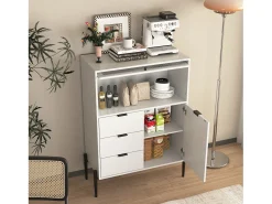 Aparador con 3 cajones, 1 puerta y 1 puerta de cristal, mueble de almacenaje de madera para cocina, comedor, recibidor, color blanco (85x40x120 cm)