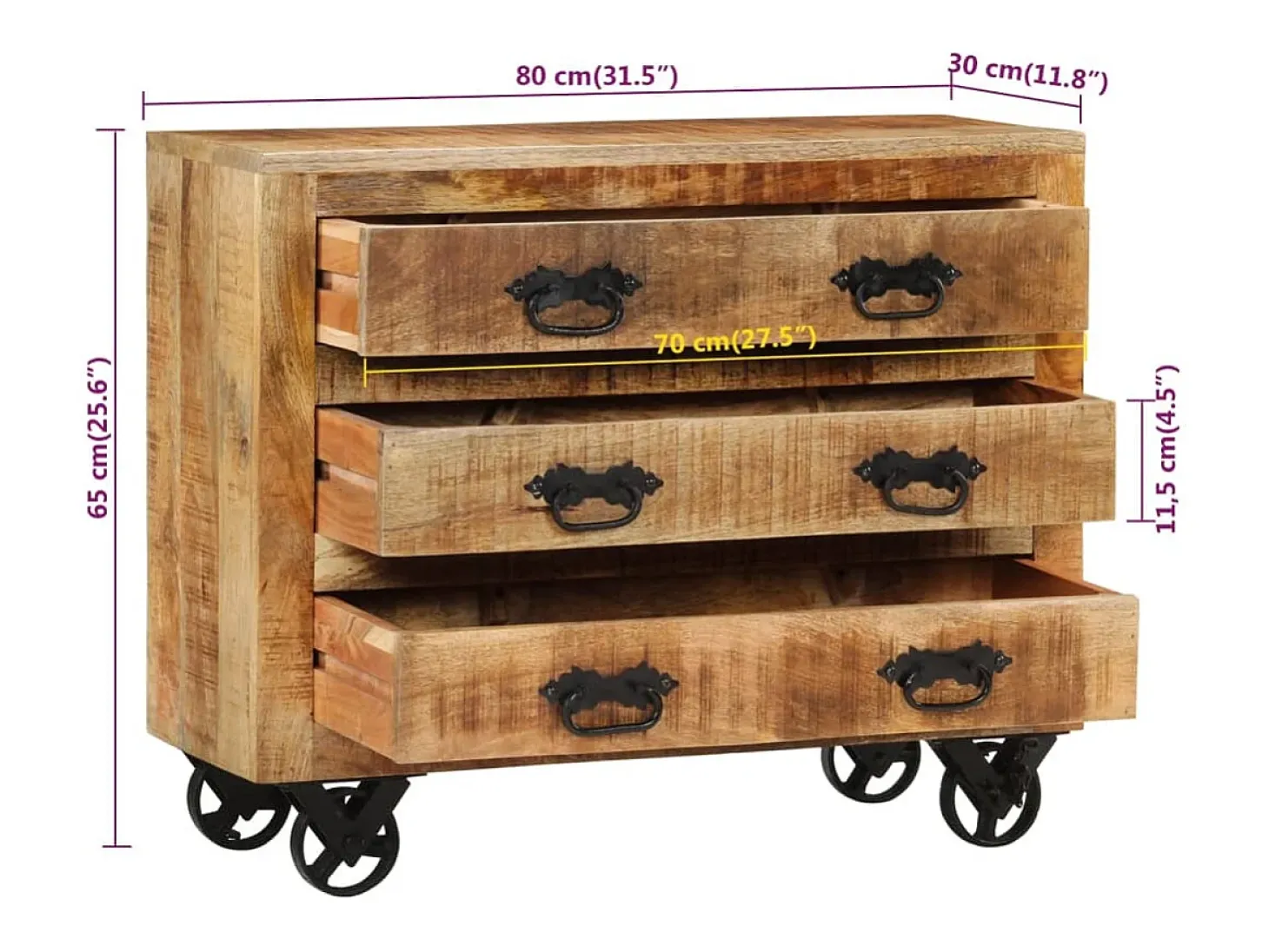 Aparador con 3 cajones madera maciza de mango rugosa 80x30x65cm