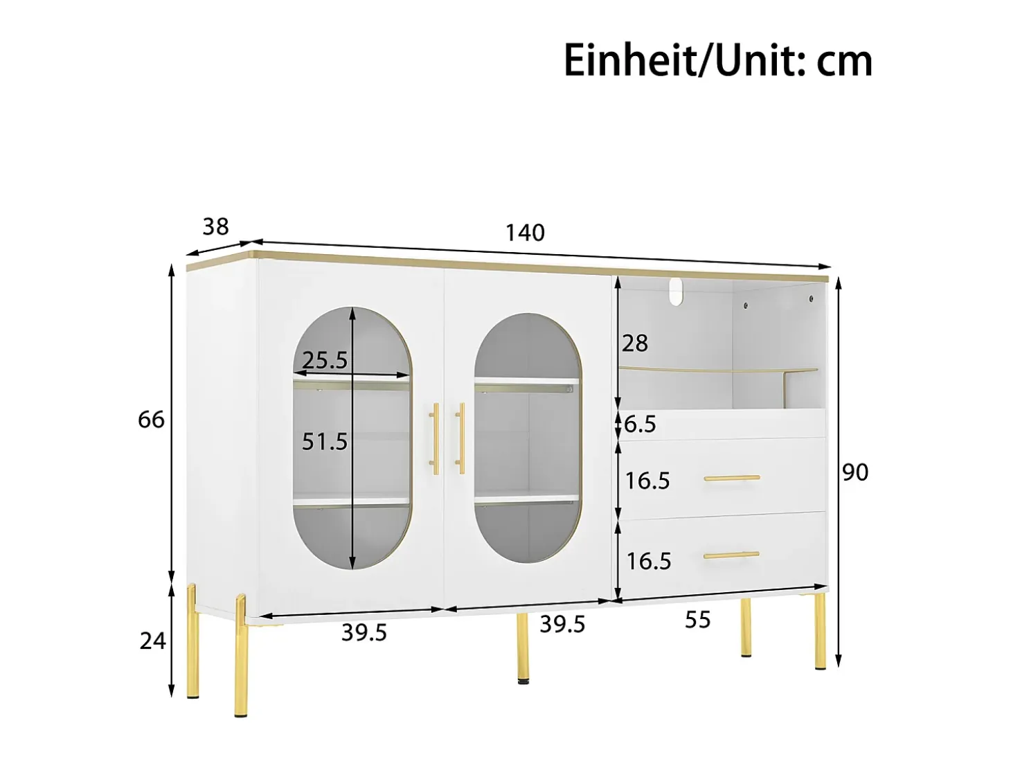 Aparador con 2 cajones y 2 puertas de cristal - 140 x 38 x 90 cm - salón y comedor - blanco