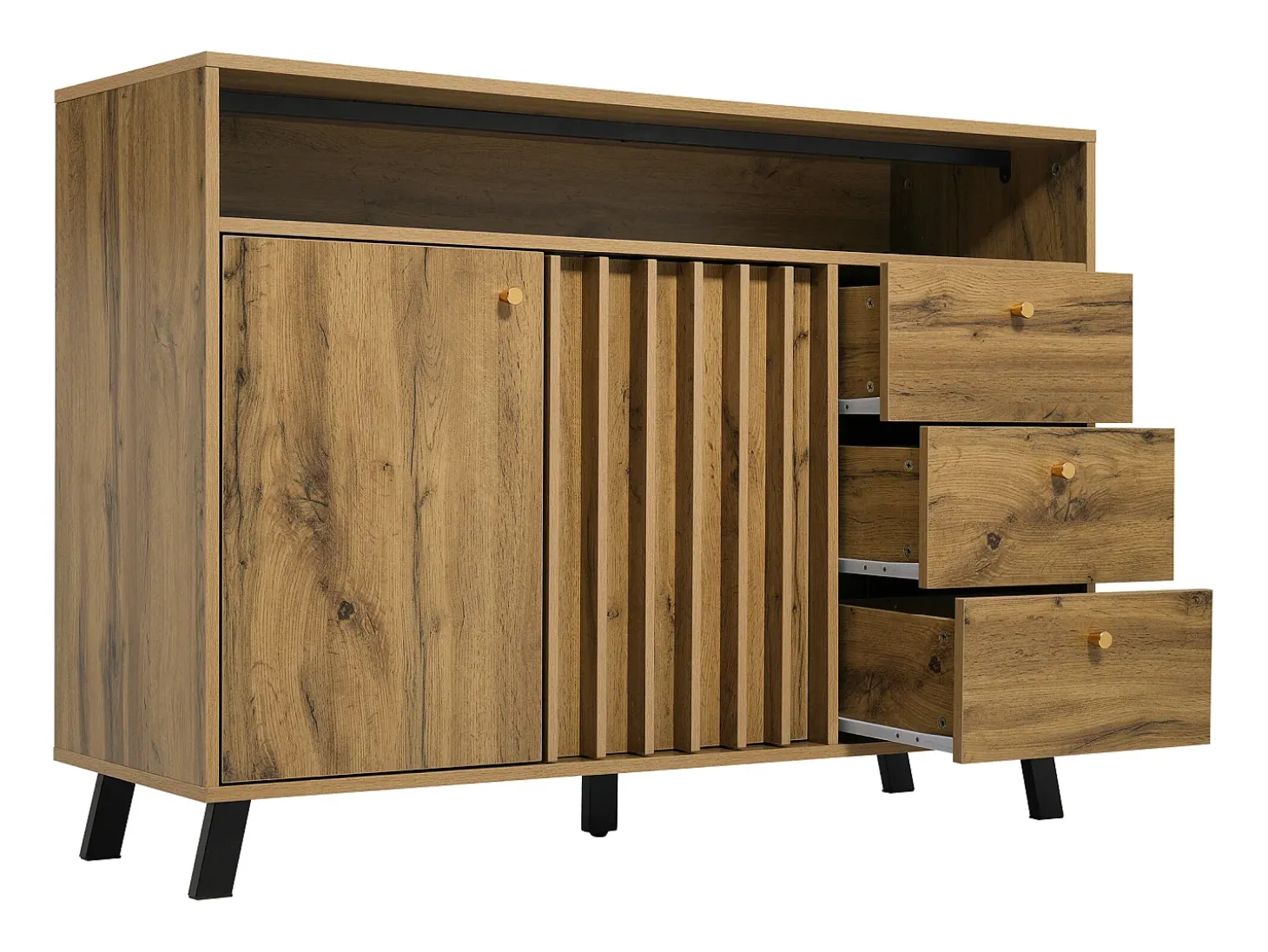 Aparador con 3 cajones y 2 puertas, 120x40x85 cm - Color madera roble oscuro