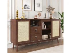 Aparador con 2 cajones y 3 puertas correderas en ratán - 155 x 38 x 80 cm - MDF, Tablero de partículas - Marrón