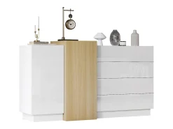Aparador con 3 cajones y 4 puertas - 160 x 37 x 75 cm - Madera MDF - Color blanco brillo y madera