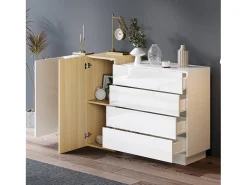 Aparador con 3 cajones y 4 puertas - 160 x 37 x 75 cm - Madera MDF - Color blanco brillo y madera