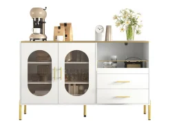 Aparador con 2 cajones y 2 puertas de cristal - 140 x 38 x 90 cm - mucho espacio de almacenamiento - MDF - blanco