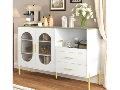 Aparador con 2 cajones y 2 puertas de cristal - 140 x 38 x 90 cm - mucho espacio de almacenamiento - MDF - blanco
