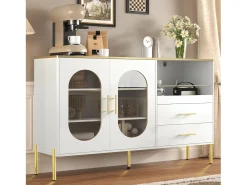 Aparador con 2 cajones y 2 puertas de cristal - 140 x 38 x 90 cm - mucho espacio de almacenamiento - MDF - blanco