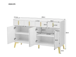 Aparador con 4 cajones y 4 puertas, mueble aparador, con tiradores y patas dorados, Color Blanco
