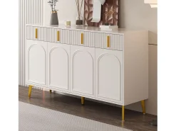 Aparador con 4 cajones y 4 puertas, mueble aparador, con tiradores y patas dorados, Color Blanco