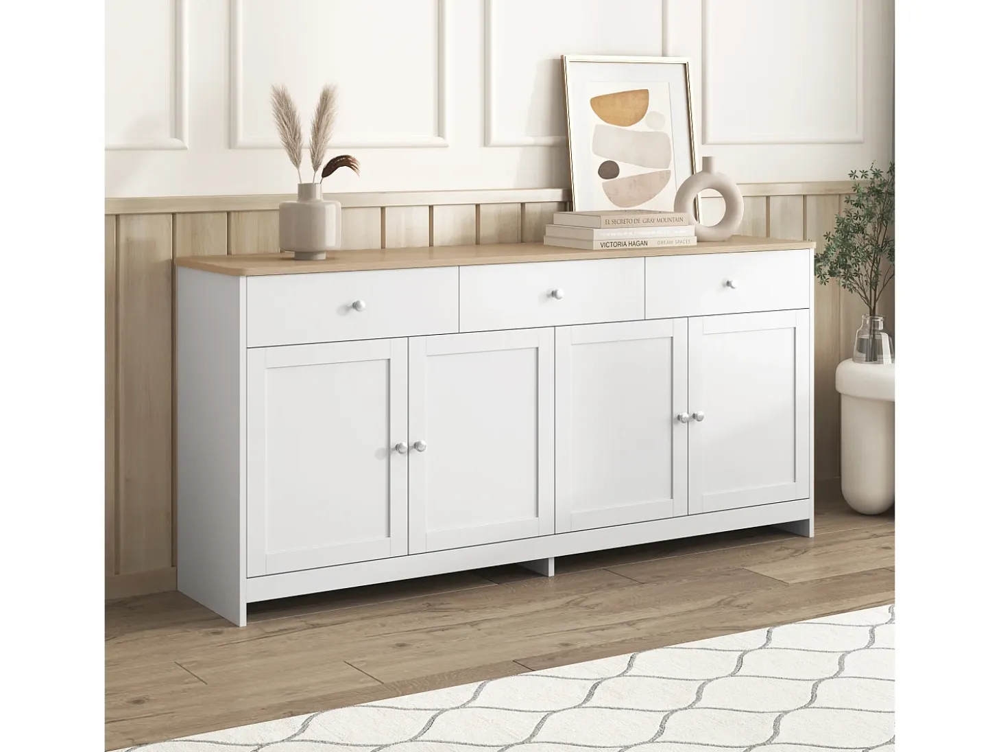 Aparador con 3 cajones y 4 puertas, madera y blanco, MDF (160x37x75 cm)