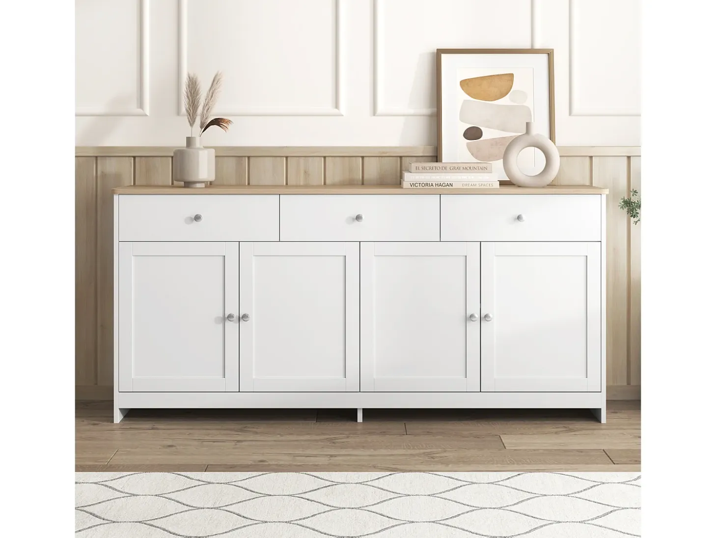 Aparador con 3 cajones y 4 puertas, madera y blanco, MDF (160x37x75 cm)
