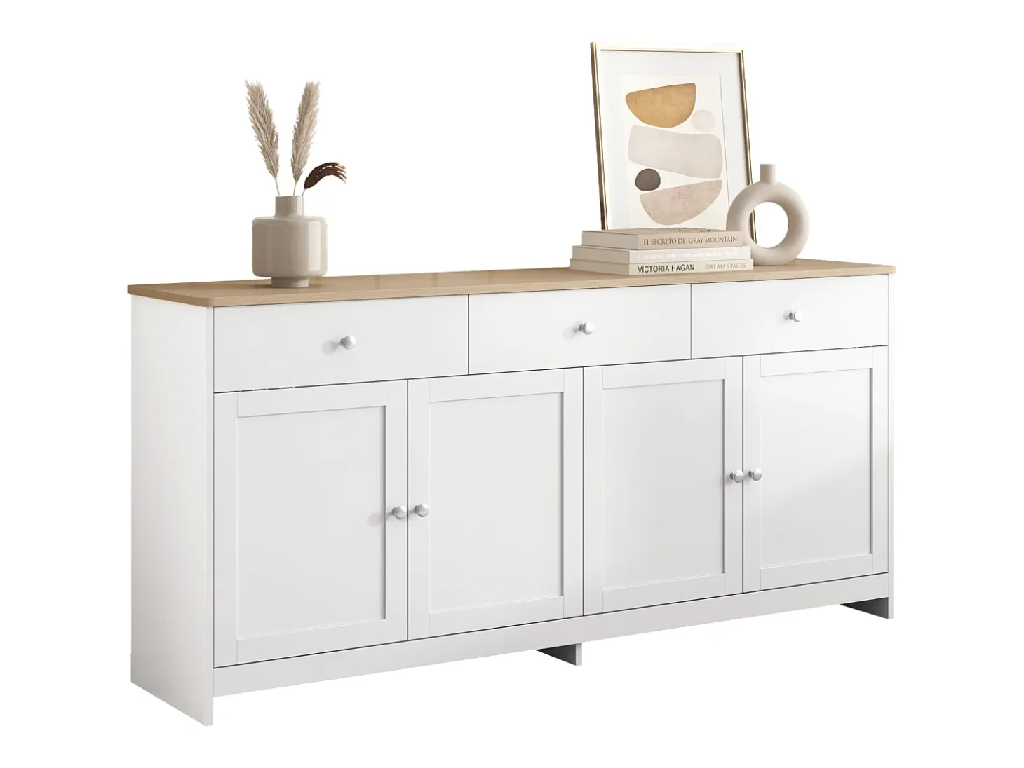 Aparador con 3 cajones y 4 puertas, madera y blanco, MDF (160x37x75 cm)