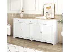 Aparador con 3 cajones y 4 puertas, madera y blanco, MDF (160x37x75 cm)