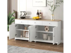 Aparador con 3 cajones y 4 puertas, madera y blanco, MDF (160x37x75 cm)