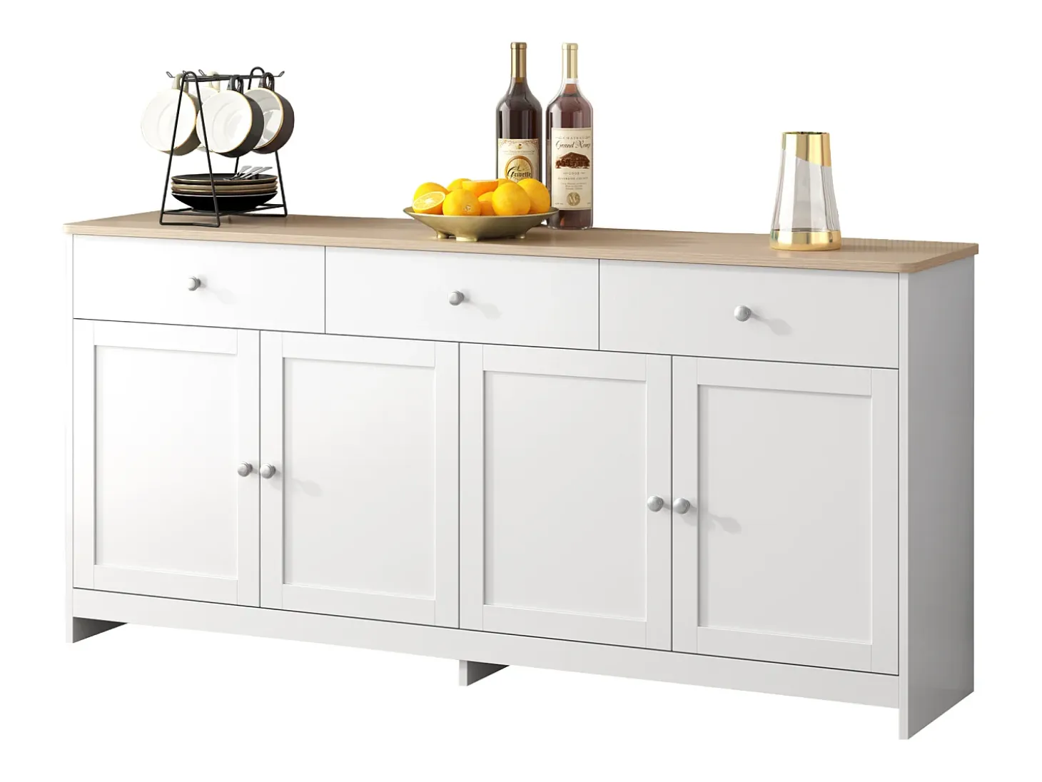 Aparador con 3 cajones y 4 puertas, madera y blanco, MDF (160x37x75 cm)