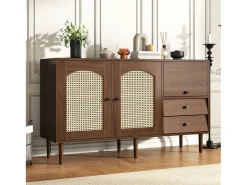 Aparador con 2 cajones y 2 puertas en ratán - 130 x 75,5 x 40 cm - Estantes regulables - Tablero de partículas - Color madera