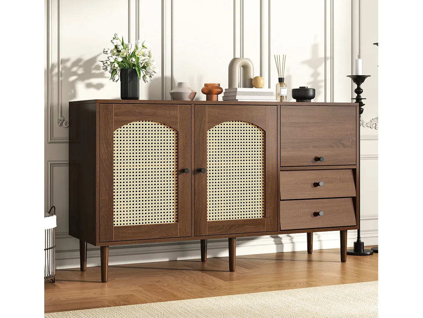 Aparador con 2 cajones y 2 puertas en ratán - 130 x 75,5 x 40 cm - Estantes regulables - Tablero de partículas - Color madera
