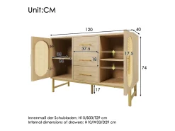 Aparador con 3 cajones y 2 puertas de ratán - 120 x 40 x 74 cm - Estantes regulables - Tablero de partículas - Roble
