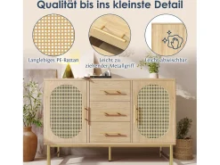 Aparador con 3 cajones y 2 puertas de ratán - 120 x 40 x 74 cm - Estantes regulables - Tablero de partículas - Roble