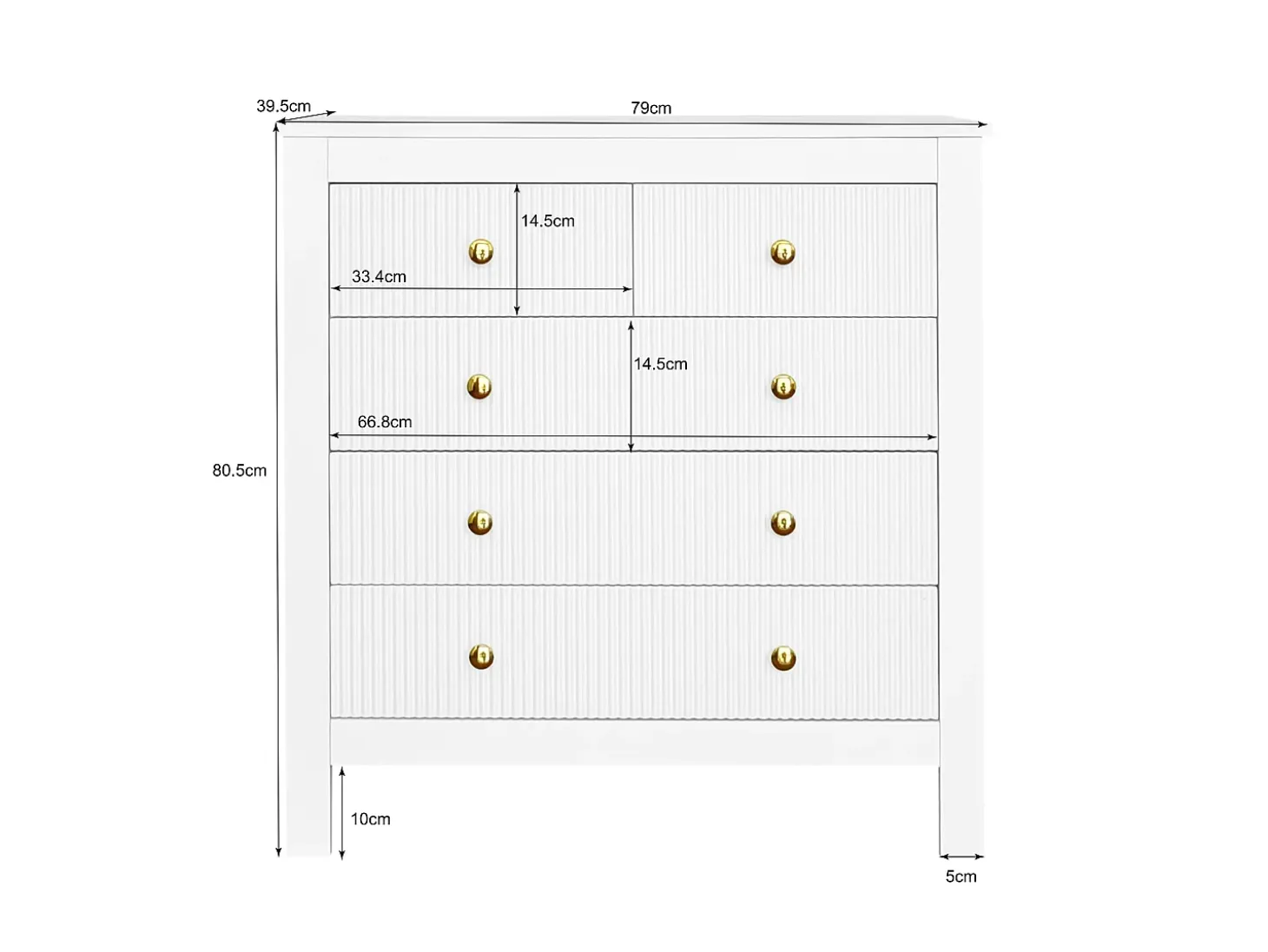 Aparador con 5 cajones y puertas especiales, con tiradores dorados, fabricado en tablero de partículas, color blanco (79x39,5x80,5 cm)