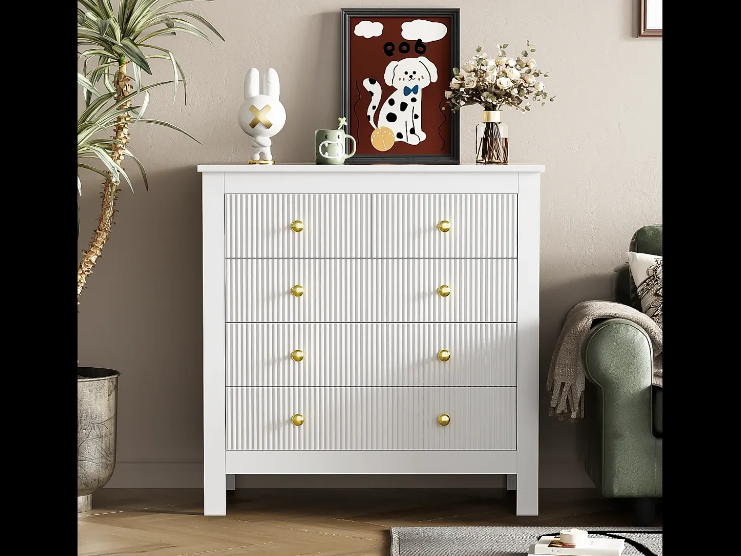 Aparador con 5 cajones y puertas especiales, con tiradores dorados, fabricado en tablero de partículas, color blanco (79x39,5x80,5 cm)