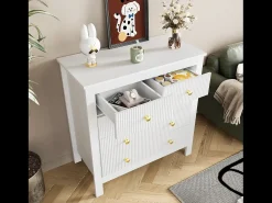 Aparador con 5 cajones y puertas especiales, con tiradores dorados, fabricado en tablero de partículas, color blanco (79x39,5x80,5 cm)