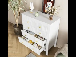 Aparador con 5 cajones y puertas especiales, con tiradores dorados, fabricado en tablero de partículas, color blanco (79x39,5x80,5 cm)