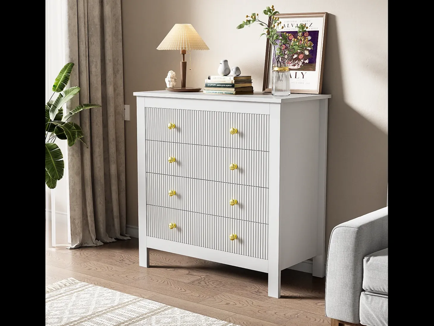 Aparador con 5 cajones y puertas especiales, con tiradores dorados, fabricado en tablero de partículas, color blanco (79x39,5x80,5 cm)