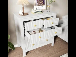 Aparador con 5 cajones y puertas especiales, con tiradores dorados, fabricado en tablero de partículas, color blanco (79x39,5x80,5 cm)