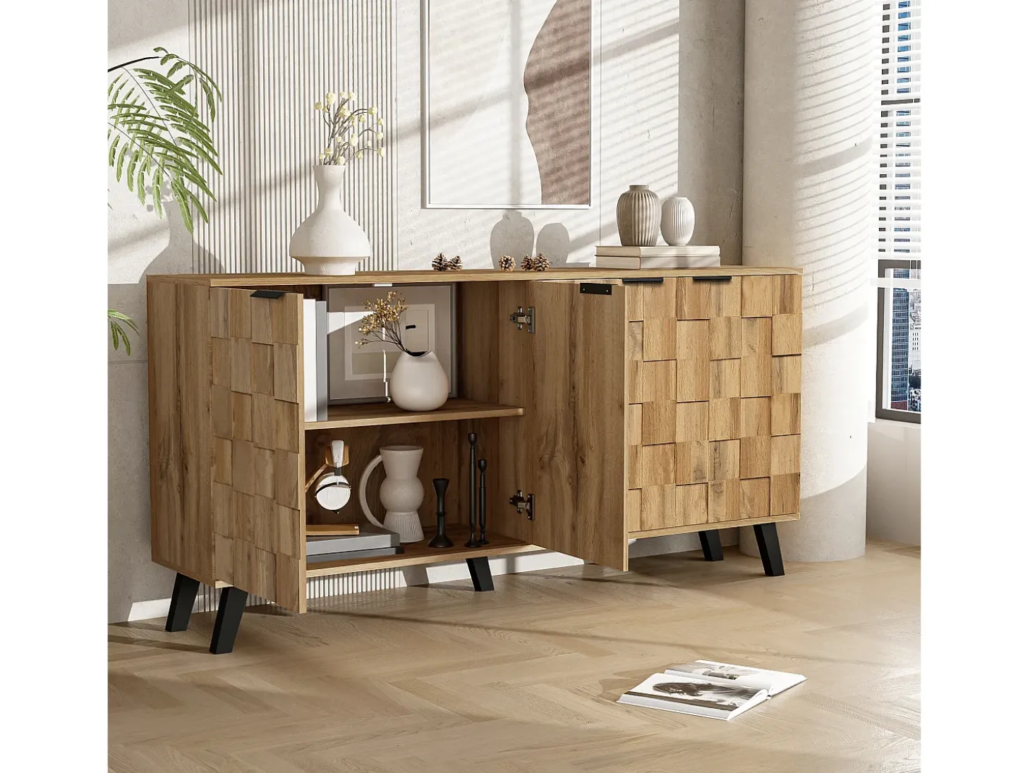 Aparador con 4 puertas - 160,5 x 35,5 x 78 cm - para salón, comedor - Tablero de partículas - Color madera