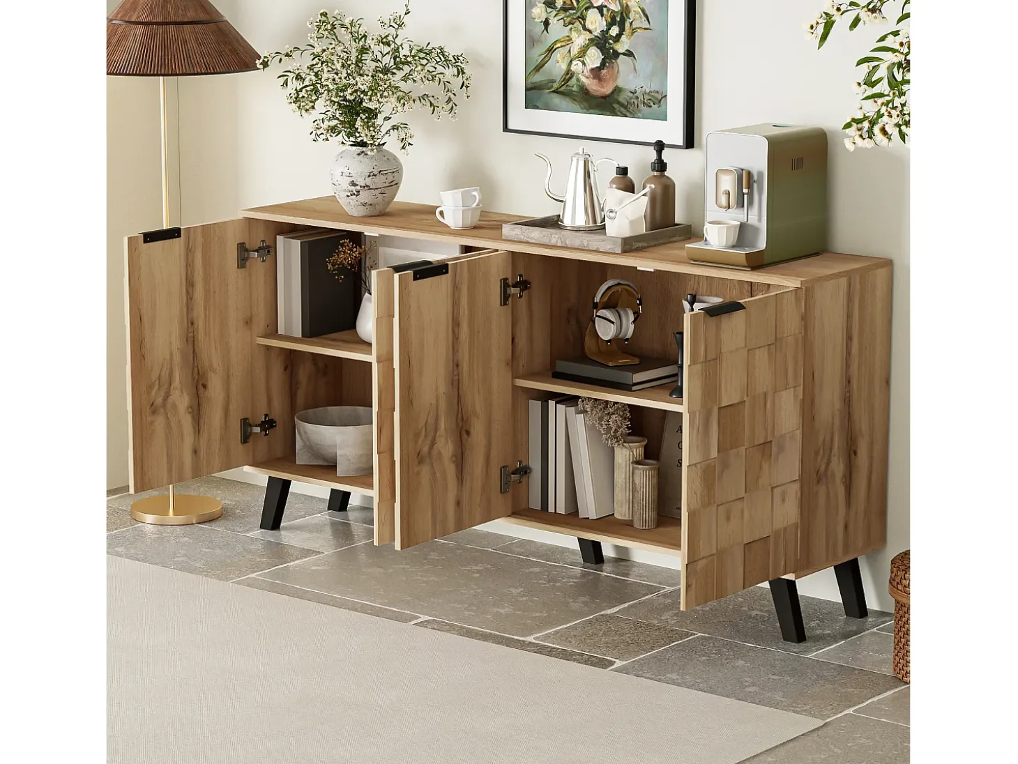 Aparador con 4 puertas - 160,5 x 35,5 x 78 cm - para salón, comedor - Tablero de partículas - Color madera
