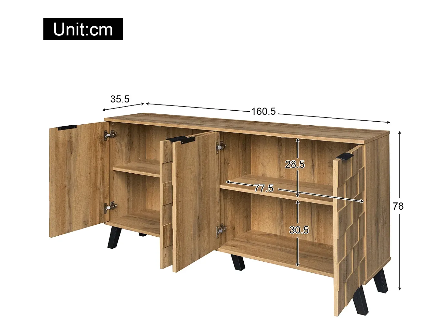 Aparador con 4 puertas - 160,5 x 35,5 x 78 cm - para salón, comedor - Tablero de partículas - Color madera