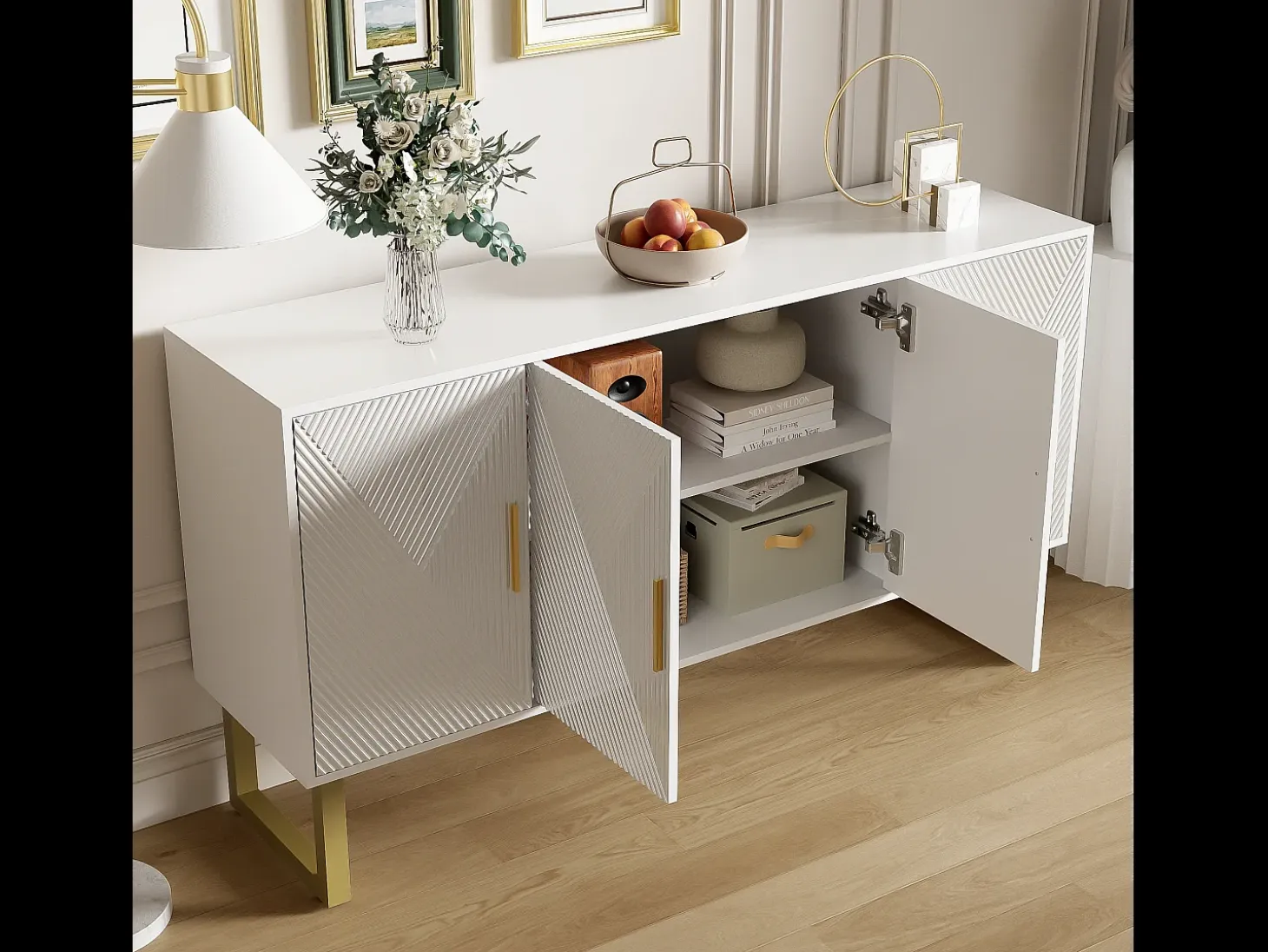 Aparador con 4 puertas - 150 x 40 x 82 cm - MDF, tableros de partículas y metal - Blanco y dorado
