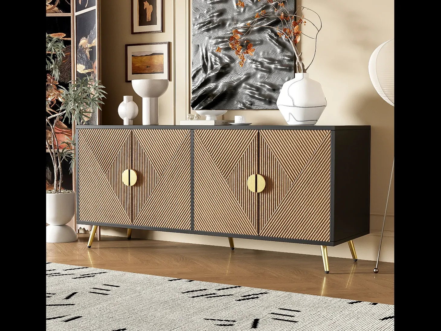 Aparador con 4 puertas, 4 cajones, con elementos dorados, MDF, negro y madera, (160x40x75 cm)
