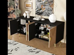 Aparador con 4 puertas, 4 cajones, con elementos dorados, MDF, negro y madera, (160x40x75 cm)
