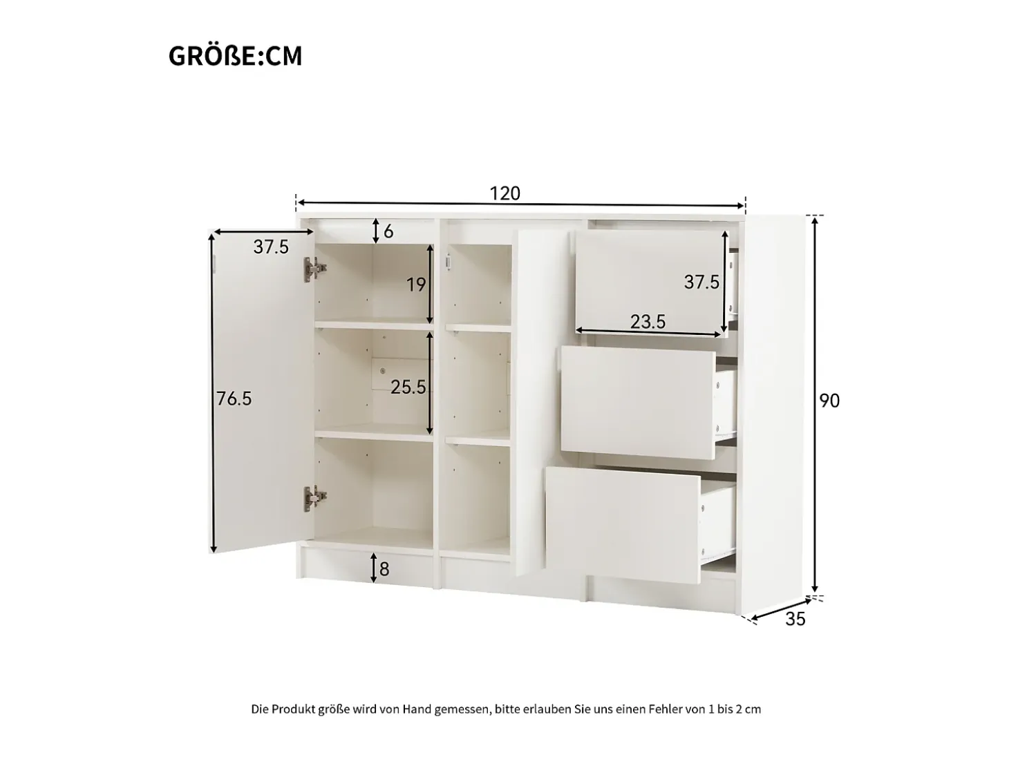 Aparador con 2 puertas, 3 cajones, armario de almacenaje para comedor o salón, 120x90x35cm, blanco