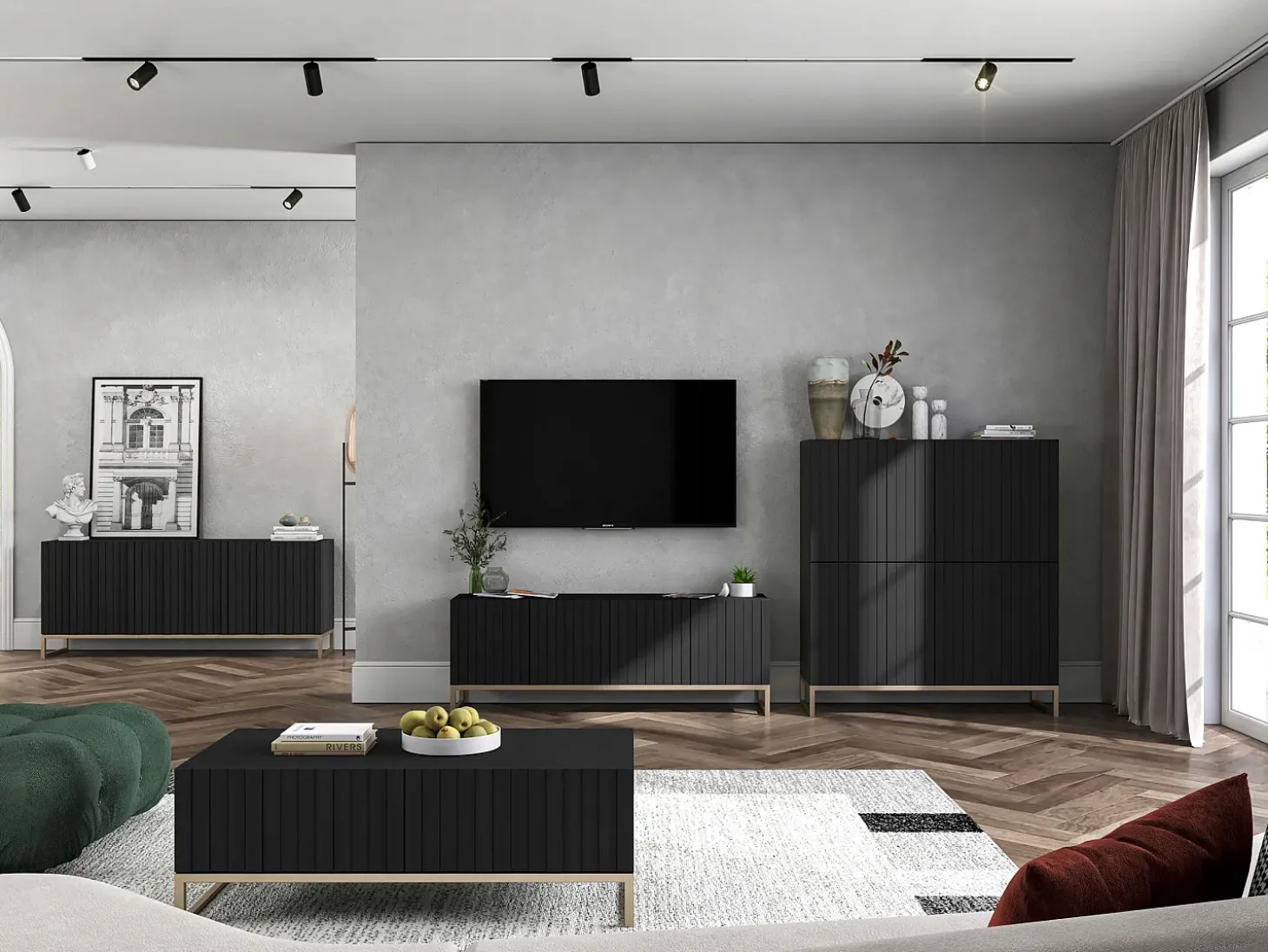 Aparador con 4 puertas – Cuerpo Negro mate, frentes acanalados Negro mate – 112 cm, estructura metálica