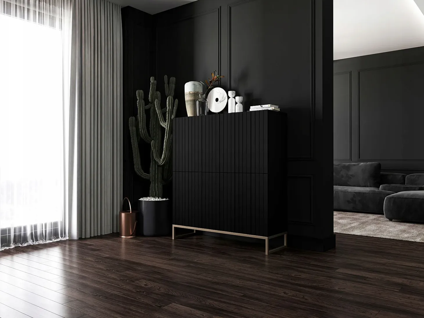 Aparador con 4 puertas – Cuerpo Negro mate, frentes acanalados Negro mate – 112 cm, estructura metálica