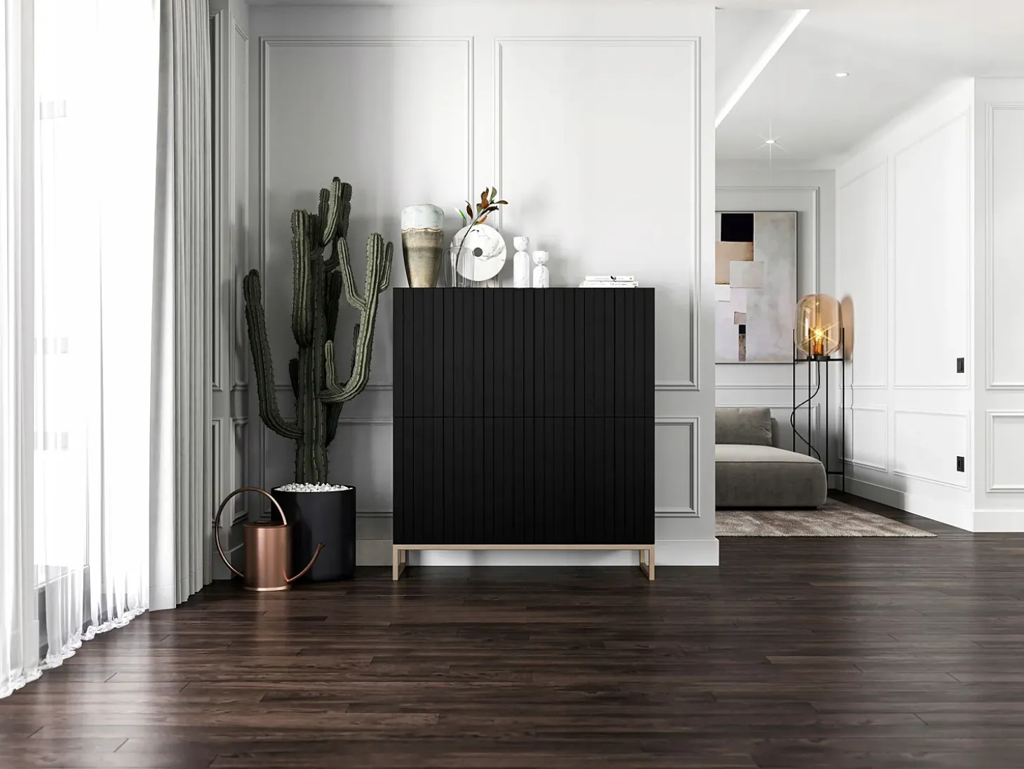 Aparador con 4 puertas – Cuerpo Negro mate, frentes acanalados Negro mate – 112 cm, estructura metálica