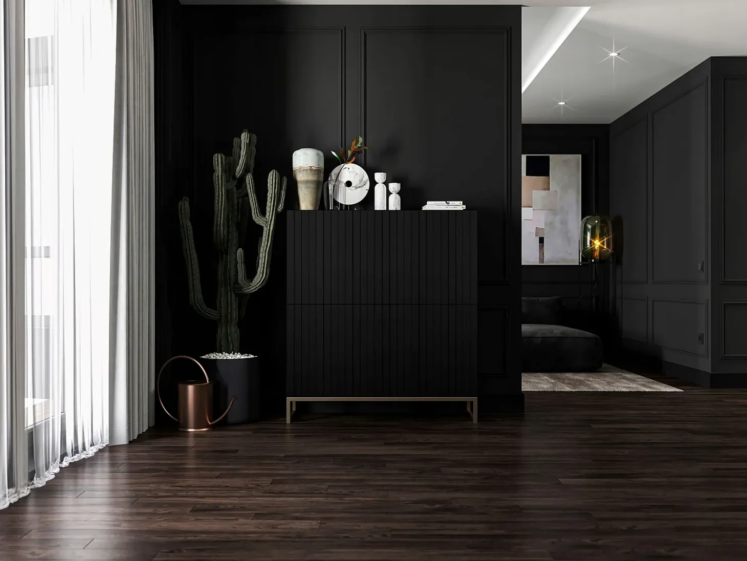 Aparador con 4 puertas – Cuerpo Negro mate, frentes acanalados Negro mate – 112 cm, estructura metálica