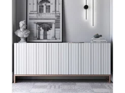 Aparador con 3 puertas - cuerpo Blanco mate, frentes ranurados Blanco mate - 168 cm, estructura metálica