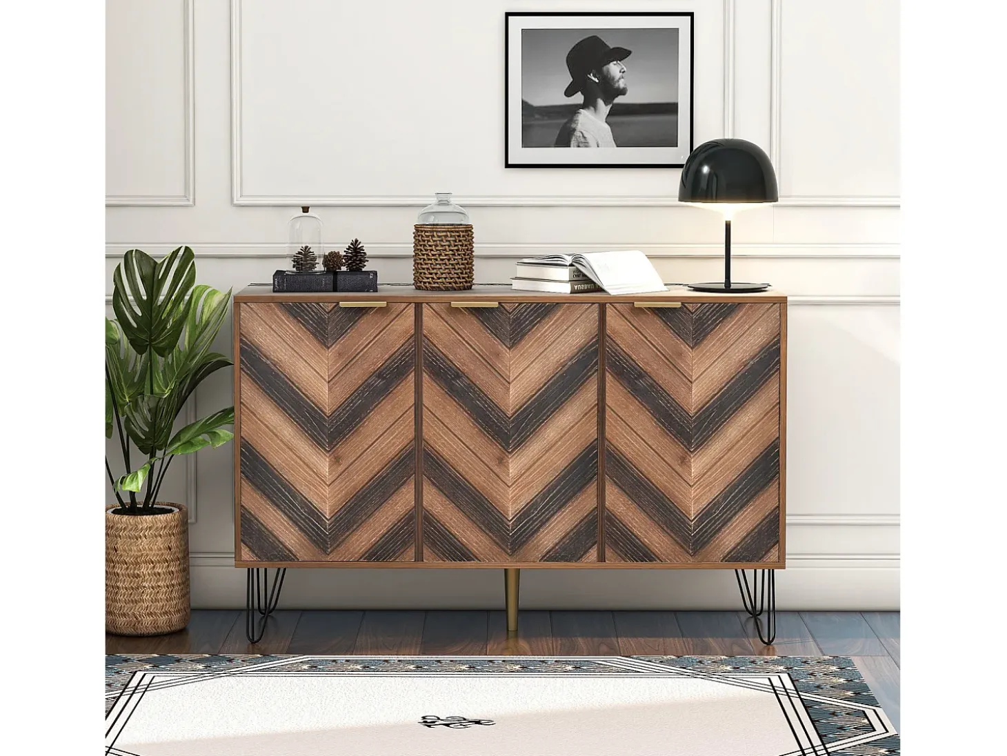 Aparador con 3 puertas - Espacio de almacenamiento elegante y generoso - Pequeño armario color madera + negro 120x76,5x38 cm
