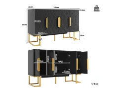 Aparador con 4 puertas - Patas de metal dorado - Estante regulable - Negro